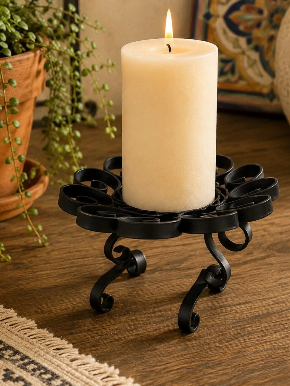 Vintage Spanish Revival Wrought Iron Scroll Candle Holder Plant Riser Black